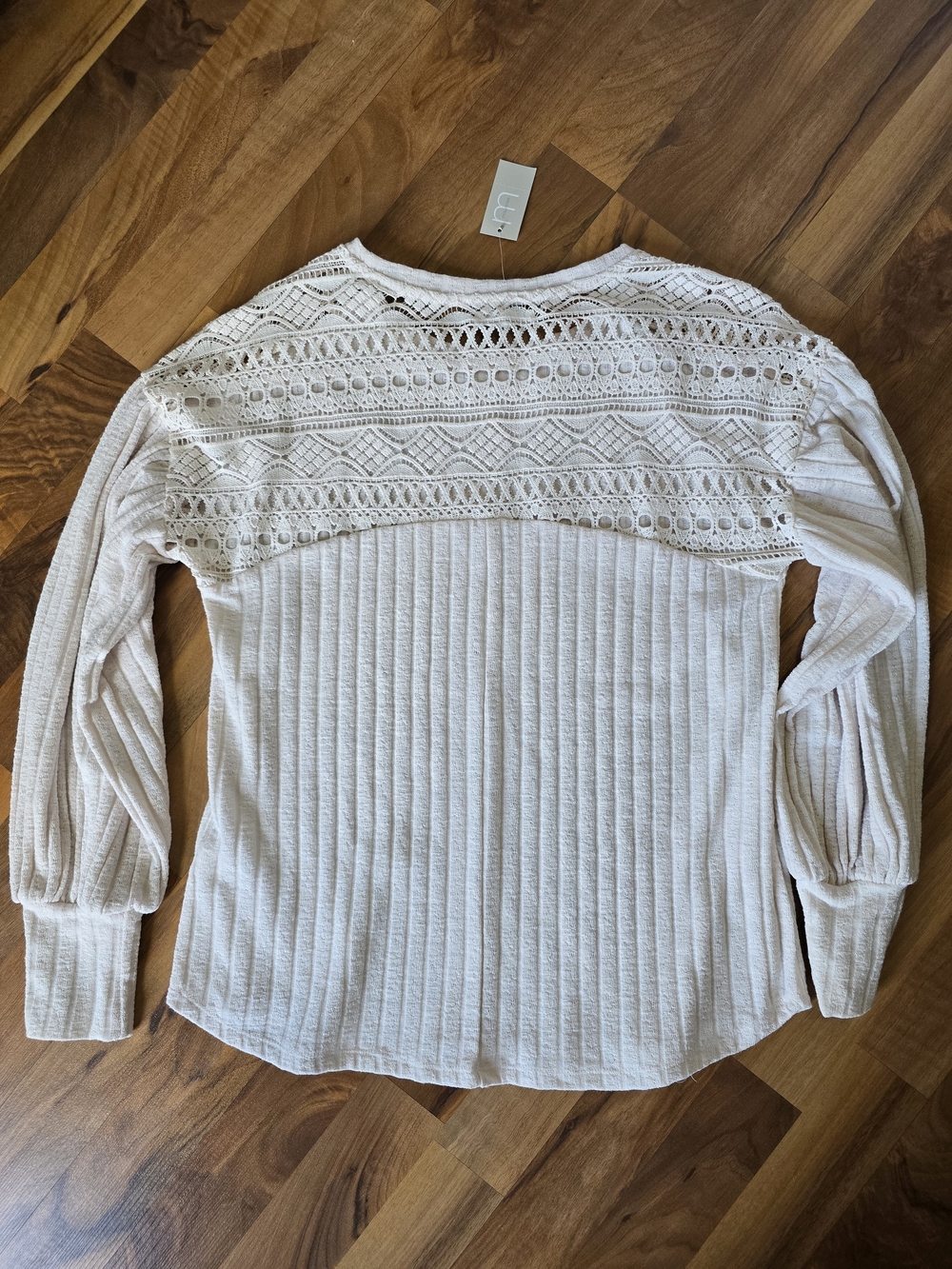 Maurices Cream Lace Yoke Ribbed Long Sleeve Top
